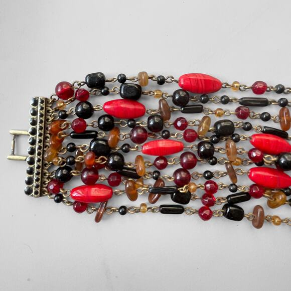 VTG Giant Murano Glass Bead Multi-Stand Chain Bracelet Wide Red Boho 70s Cuff - Picture 4 of 7